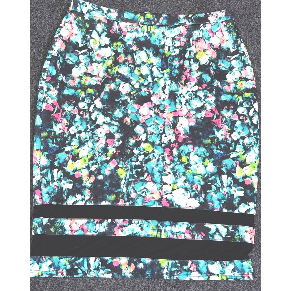Women's Floral Pencil Skirt M Belle Sky Black Blue Pink Stretch Mesh Career